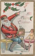 Santa is apparently relaxing at home in this vintage postcard, courtesy of Jean Noval's extensive collection.
